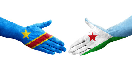 Handshake between Djibouti and Dr Congo flags painted on hands, isolated transparent image.