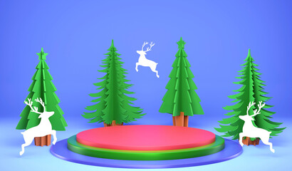 Fototapeta premium 3D rendering Christmas ornaments and podium on blue background, 3d illustration Christmas tree and rain deer papercut prop