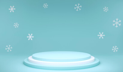 3D rendering winter season and podium on blue background, 3d illustration Christmas and winter concept