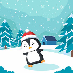 Cute christmas penguin in winter illustration