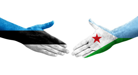 Handshake between Djibouti and Estonia flags painted on hands, isolated transparent image.