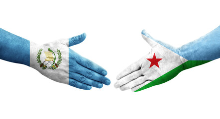 Handshake between Djibouti and Guatemala flags painted on hands, isolated transparent image.