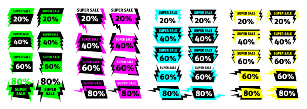 Lightning Bolt Sale Tags And Labels Set For Multiple Aplications. Advertising/marketing Signs For Prices Display, Discount And Offers.