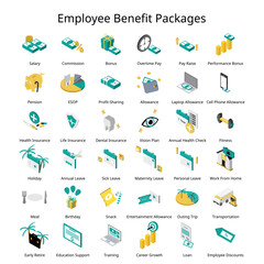 Set of isometric Employee Benefit package for employee icon