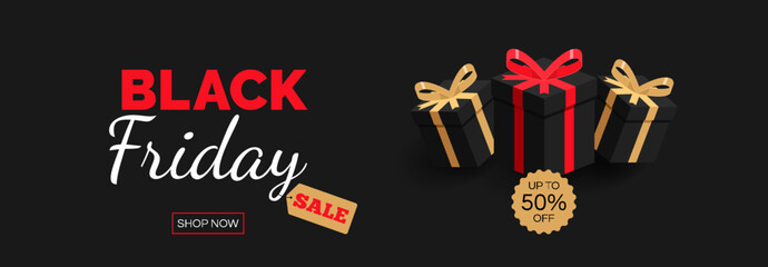 black friday sale dark banner design with gift boxes vector illustration
