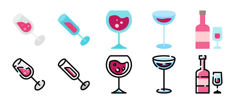 Icon set pictogram with wine glasses and bottles. Vector illustration in flat  and filled line style