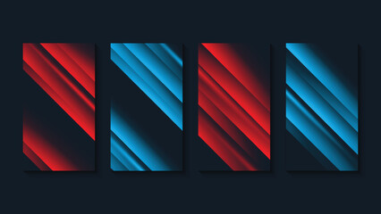 Set of cover abstract red and blue stripe diagonal lines light on dark black background.