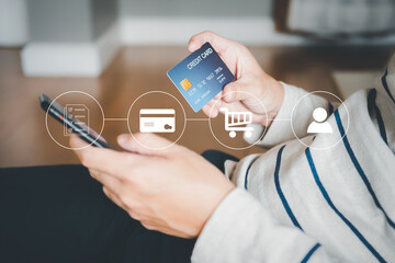 Selective focus at credit card while people use it while purchase for online shopping with smartphone with an illustration icon that show process of buying until deliver order at home.