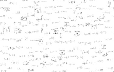 Formulas of astrophysics, quantum mechanics, radio circuits. Scientific, educational background on white. Hand drawn.