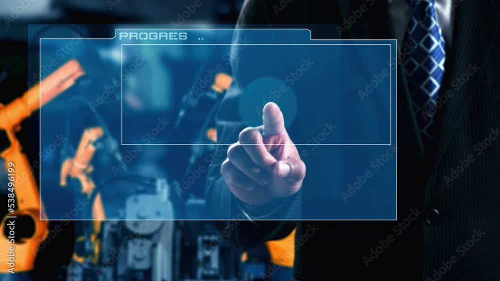 Poster engineer use cybernated robotic software to control industry robot arm in factory . automation manuf