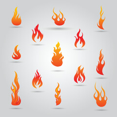 Realistic fire or flame set vector image design, Collection of hot flaming element. Idea of energy and power. Isolated vector illustration in flat style hot fire on Grey white background