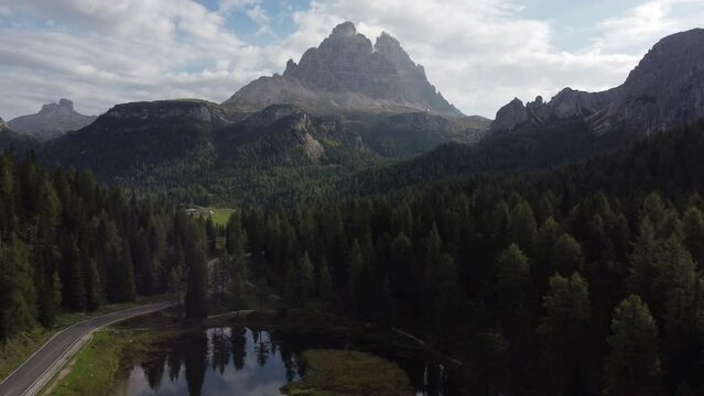 Antorno Lake and Tre Cime di Lavaredo Peaks Reflection in Italian Dolomites