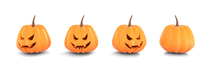 Collection of spooky cartoon 3D rendering Halloween Pumpkins (Jack O'Lantern) with a scary evil smile carved face isolated on a transparent background. Design includes the front, side, and back views.
