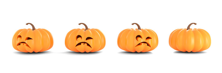 Collection of spooky cartoon 3D rendering Halloween Pumpkins (Jack O'Lantern) with a scary evil sad carved face isolated on a transparent background. Design includes the front, side, and back views.