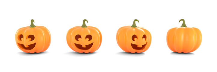 Collection of spooky cartoon 3D rendering Halloween Pumpkins (Jack O'Lantern) with a scary evil smile carved face isolated on a transparent background. Design includes the front, side, and back views.