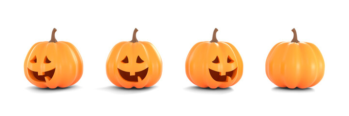 Collection of spooky cartoon 3D rendering Halloween Pumpkins (Jack O'Lantern) with a scary evil smile carved face isolated on a transparent background. Design includes the front, side, and back views.