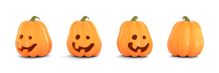 Collection of spooky cartoon 3D rendering Halloween Pumpkins (Jack O'Lantern) with a scary evil smile carved face isolated on a transparent background. Design includes the front, side, and back views.