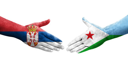 Handshake between Djibouti and Serbia flags painted on hands, isolated transparent image.