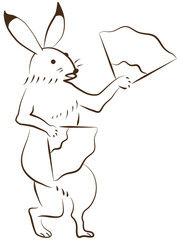 鳥獣戯画　扇子を持って踊るウサギ