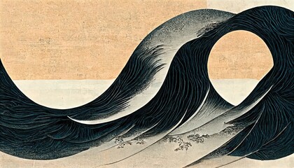 Objects like black waves on skin tone background, ukiyoe-like Katsushika Hokusai style, several wave patterns in Japanese style, abstract, retro and elegant, design elements, background design
