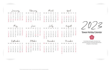 2023 Taiwan Holiday Calendar with peasant lunar calendar in chinese character, base on public information announced by government agencies