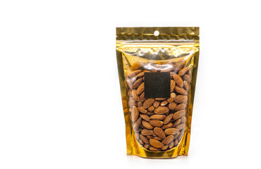 Almond nuts in window pouch packaging with plastic, golden color packaging. Front view with a blank square black label for brand design. The Almond pack is on white background.