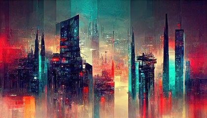 Technicolor cyberpunk rainbow seven-color futuristic city, upscale, abstract, striking, elegant, retro, background design, design elements