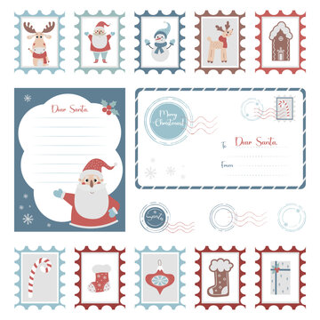 Christmas templates set. 2023 New Year. letter with cute Santa Claus, envelope with seals and postage stamps with traditional symbols and decor. Vector illustration