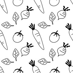 Doodle black and white outline with transparent background, vegetables seamless pattern.