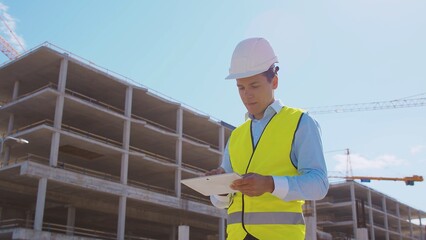 Professional builder standing in front of construction site. Foreman in hardhat helmet and vest. Office building and crane background. Business, real estate and investment.