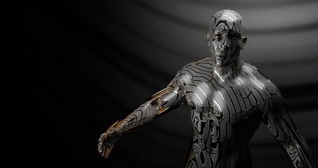 a beautiful male face and body of an athlete, a bodybuilder made of futuristic material, metal, liquid, gold. Fantasy. 3 d render
