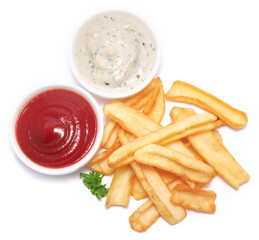 French fries potatoes and dip sauce isolated on white background