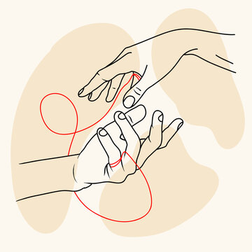 Happy valentine's day. Red thread of fate tied little fingers of two. Vector illustration.