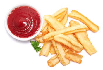 French fries potatoes and dip sauce isolated on white background