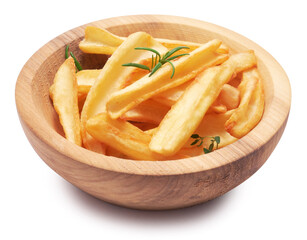 French fries potatoes in wooden bowl isolated on white background