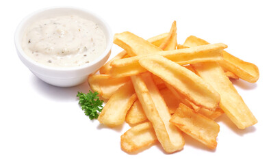 French fries potatoes and dip sauce isolated on white background