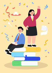 Vector illustration of high school students standing on top of books.