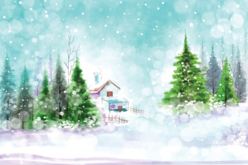 Fototapeta na wymiar Impressive christmas trees in winter landscape with snow card background