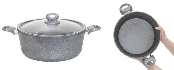 Cooking pot, with a glass lid. Isolated from the background