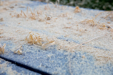 Woog shavings after planing beams and borders lying on gray wooden boards