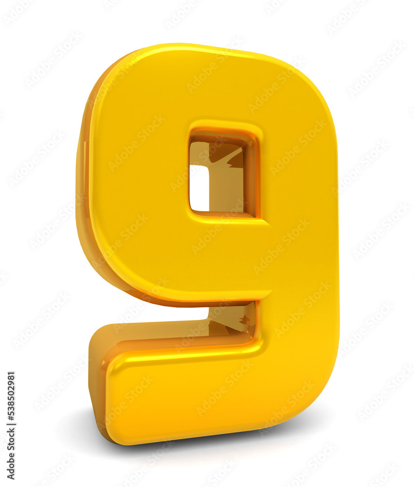 Fototapete gold numbers 9 isolated on white background. golden 3d numbers. 3d shiny gold number collection. 3d 