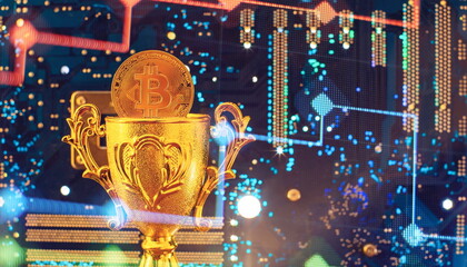Cryptocurrency concept , Golden bitcoin on winners cup background mainboard , The future of money....