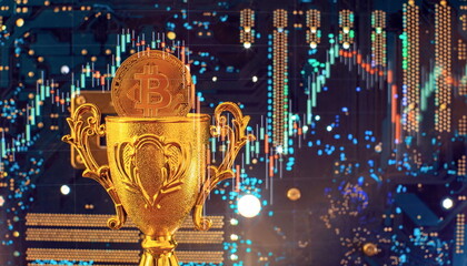 Cryptocurrency concept , Golden bitcoin on winners cup background mainboard , The future of money....