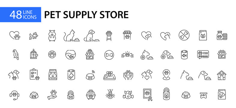 48 line art pet supply store icons. Food, veterinarian and housing. Pixel perfect, editable stroke 