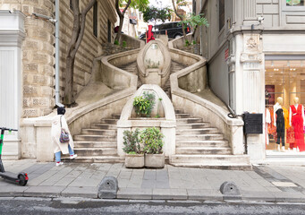 Kamondo Stairs, a famous pedestrian stairway leading to Galata Tower, built around 1870, located on...
