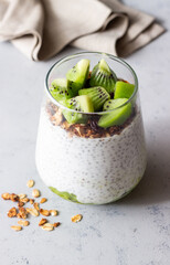 Chia pudding with kiwi and granola. Healthy eating. Vegetarian food. Breakfast.