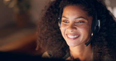 Happy, call center and black woman working in customer support in office at night, friendly and helpful. Crm, telemarketing and consulting by woman agent offering online support and customer service - Powered by Adobe