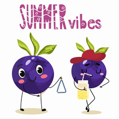 Vector illustration of funny character, cartoon character, blueberries, funny fruits, summer vibes, party, beach.