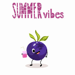 Vector illustration of funny character, cartoon character, blueberries, funny fruits, summer vibes, party, beach.