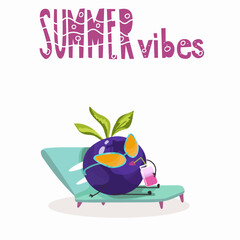 Vector illustration of funny character, cartoon character, blueberries, funny fruits, summer vibes, party, beach.